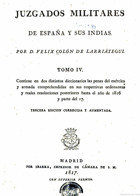Portada del libro "Juzgados militares de España y sus Indias" tomo IV 1817